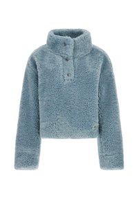 Modrý zkrácený fleecový pulovr s vysokým límcem, třemi knoflíky u krku a texturovanou, nadýchanou látkou. Obsahuje malý logo akcent.