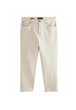 Világos bézs pamut nadrág egyenes lábbal. Elöl zsebekkel, cipzáras résszel és gombos záródással rendelkezik. Sokkal simább textúra, minimális varrással.