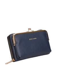 Navyblaues Lederportemonnaie mit strukturiertem Finish, goldfarbener Hardware, Reißverschluss und einem Verschlussdetail. Logo auf der Vorderseite eingeprägt.