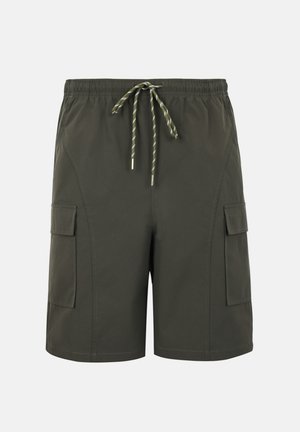 Pantaloni scurți cargo verde închis cu talie elastică, snur cu dungi și buzunare cu clapetă pe ambele părți.