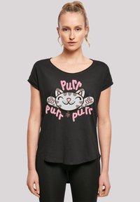Svart t-skjorte i mykt stoff med rund hals. Har et tegneserie-katt grafikk og ordet "Purr" i rosa, med potetrykk. Korte ermer.