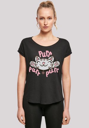 Svart t-skjorte i mykt stoff med rund hals. Har et tegneserie-katt grafikk og ordet "Purr" i rosa, med potetrykk. Korte ermer.