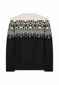 Čierny pletený sveter s fair isle vzorom v bielej a krémovej farbe na hornej časti chrbta. Textúrovaná tkanina, klasický strih, dlhé rukávy.
