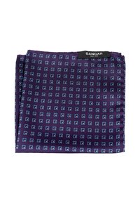 Lillasest taskurätik, millel on korduv muster väikestest sinistest ruutudest ja must "Sangar Since 1956" silt volditud serval.