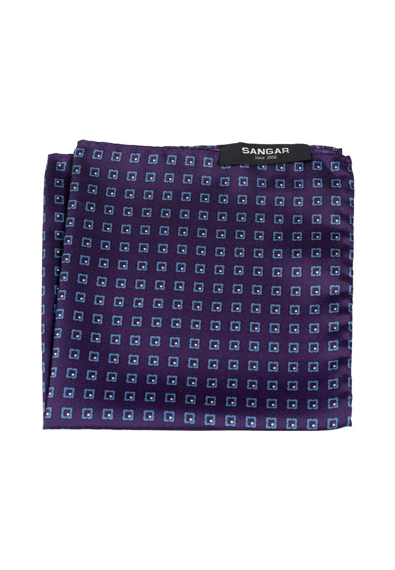 Lillasest taskurätik, millel on korduv muster väikestest sinistest ruutudest ja must "Sangar Since 1956" silt volditud serval.