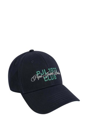 Navy blue cap made of cotton with a curved brim. Features embroidered "PJL 1973 CLUB" and "Pepe Jeans London" in green and white lettering.