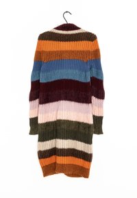 Stickad cardigan med flerfärgade ränder i orange, blått, vinröd, grön och rosa. Har långa ärmar och en avslappnad, lång design.