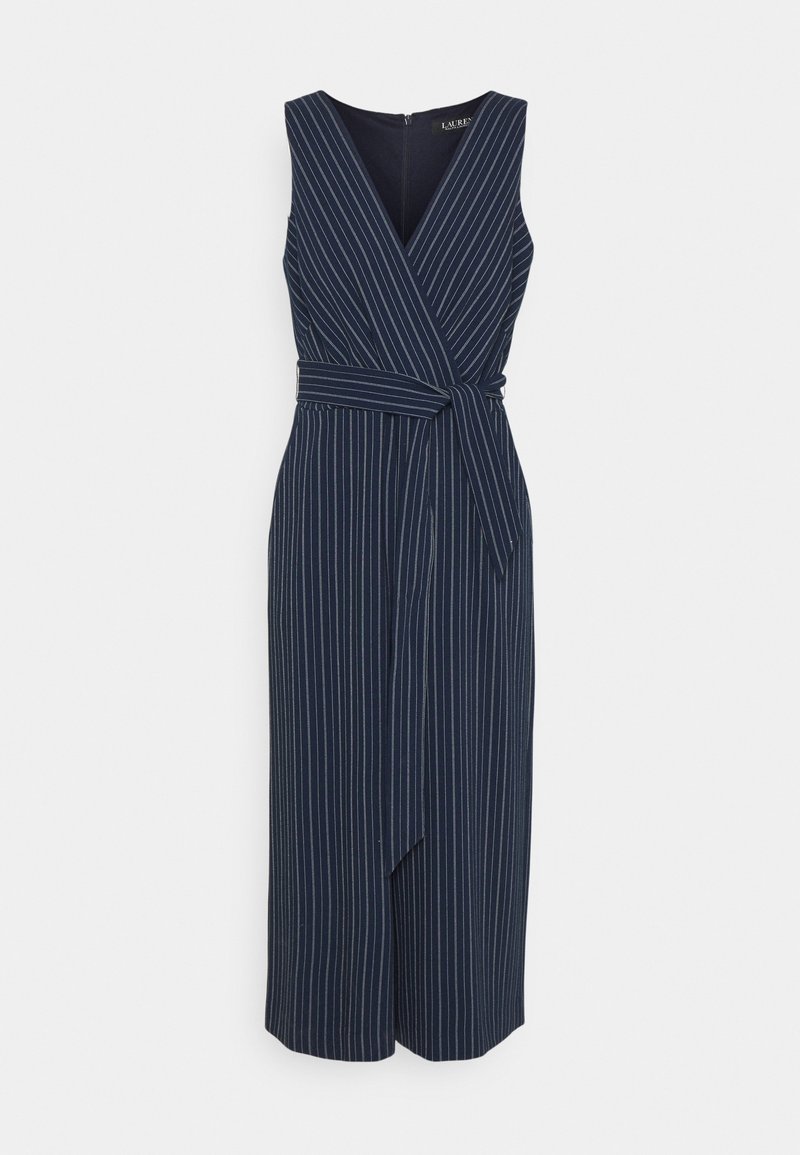 Mono sin mangas azul marino con rayas blancas, escote en V con fruncido cruzado y cinturón a juego atado en la cintura.