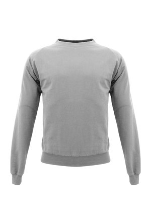 Felpa grigia a maniche lunghe con scollo a girocollo, polsini e orlo a costine, mostrata su sfondo bianco.