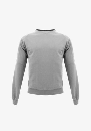 Sweat-shirt gris à manches longues avec col ras du cou, poignets et ourlet côtelés, présenté sur un fond blanc.