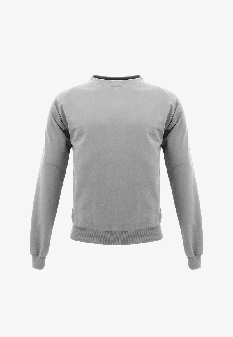 Graues Sweatshirt mit Rundhalsausschnitt und langen Ärmeln, Rippbündchen an Ärmelabschlüssen und Saum, vor weißem Hintergrund dargestellt.