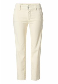 Pantalones de color crema claro hechos de una suave mezcla de algodón. Presentan un cierre de cremallera con dos botones, diseño de cinco bolsillos y puños en los tobillos ajustados.