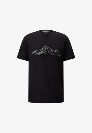 Black cotton t-shirt featuring a grey mountain graphic and "FIRE + ICE" text. Short sleeves and a crew neckline. Smooth texture.