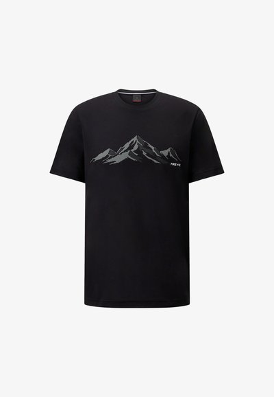 Black cotton t-shirt featuring a grey mountain graphic and "FIRE + ICE" text. Short sleeves and a crew neckline. Smooth texture.
