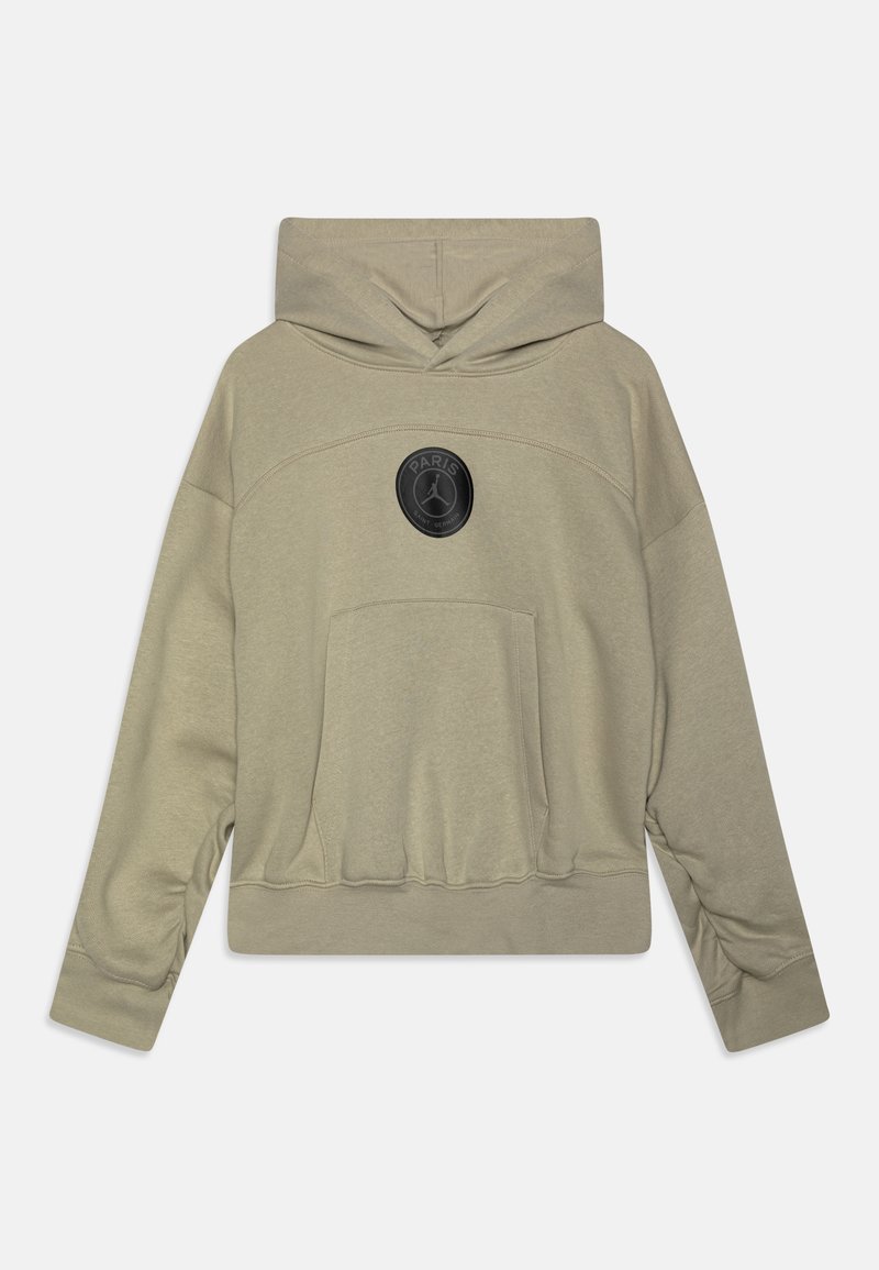 Felpa leggera color beige chiaro con tasca a marsupio, cappuccio con coulisse e logo circolare nero che presenta "PARIS" al centro. Materiale in misto cotone.