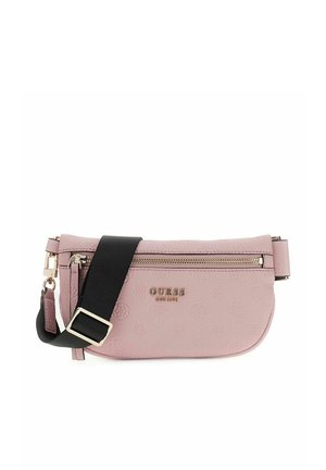 Banane Guess rose texturée avec fermeture éclair dorée, sangle noire réglable et logo embossé au centre avant.