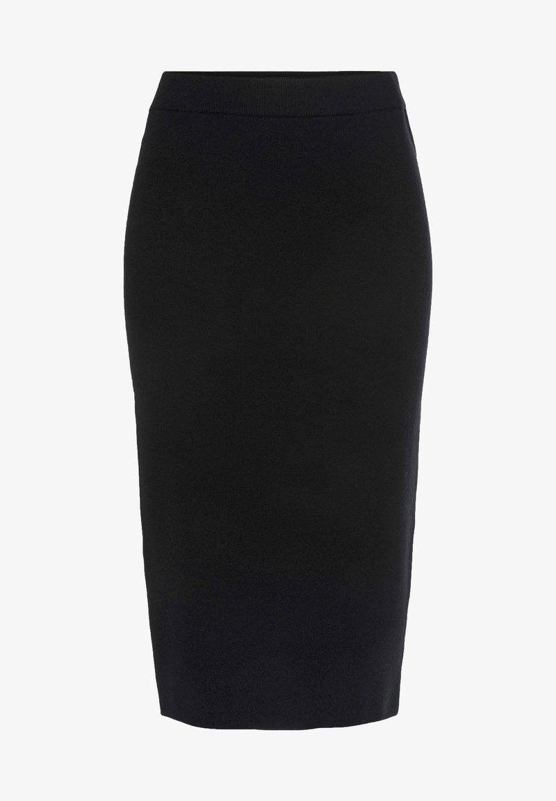 Melnas zīmuļa svārki, kas izgatavoti no gludas auduma. Raksturīga pieguļošā forma un vidēja garuma griezums. Nav manāmu rakstu vai rotājumu.