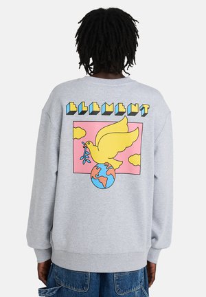 Persoon met dreadlocks draagt een grijze trui met een kleurrijke afbeelding van een gele duif die een olijftak vasthoudt boven de aarde en gestileerde blokletters.