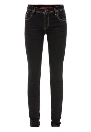 Schwarze Skinny-Jeans aus Denim mit orangen Nähten, fünf Taschen, Reißverschluss und Knopfverschluss. Glatte Textur, körpernahe Passform.