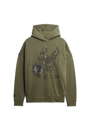 Sudadera con capucha verde oliva con un gran diseño bordado de lentejuelas de un pájaro. Presenta un bolsillo tipo canguro y puños y dobladillo acanalados.