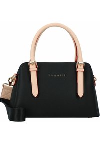 Borsa a tracolla nera con manici e dettagli rosa. Caratterizzata da un logo dorato e una tracolla removibile. Forma compatta, finitura lucida.