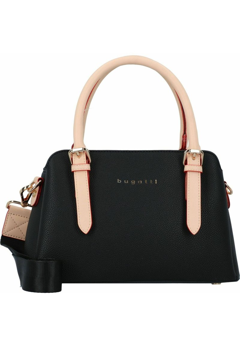 Borsa a tracolla nera con manici e dettagli rosa. Caratterizzata da un logo dorato e una tracolla removibile. Forma compatta, finitura lucida.