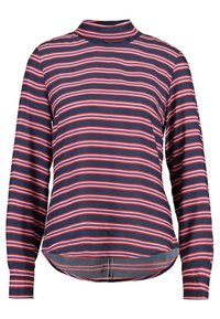 Maglietta a maniche lunghe della marina con strisce orizzontali rosse e bianche. Design con colletto alto, orlo curvo e maniche con polsini. Tessuto dalla texture liscia.