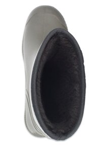 Grijs waterdichte boot met een zwarte fleece binnenvoering en een afgeronde bovenkant. Beschikt over een gestructureerd oppervlak aan de buitenkant en een gladde textuur aan de binnenkant.