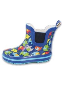 Blauwe rubberen regenlaarzen met kleurrijke dierenprints, elastische zijpanelen en een geprofileerde buitenzool voor grip. Glad en glanzend oppervlak.