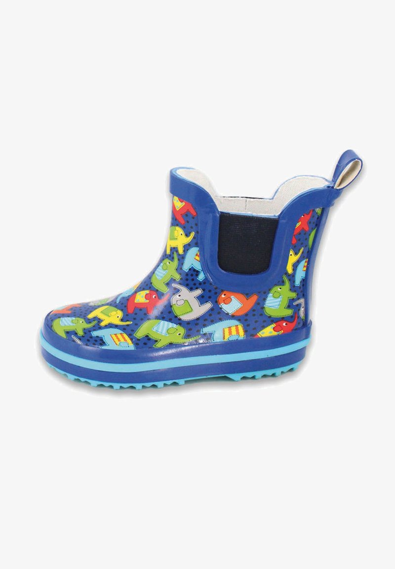 Blauwe rubberen regenlaarzen met kleurrijke dierenprints, elastische zijpanelen en een geprofileerde buitenzool voor grip. Glad en glanzend oppervlak.