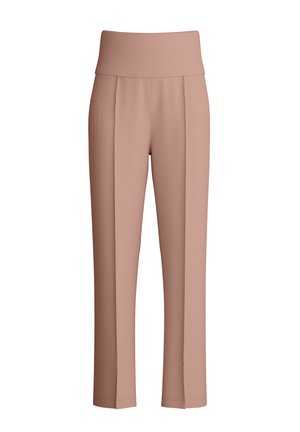 Pantalon pour femmes taille haute, jambe droite, en marron clair avec une large ceinture et des plis avant.