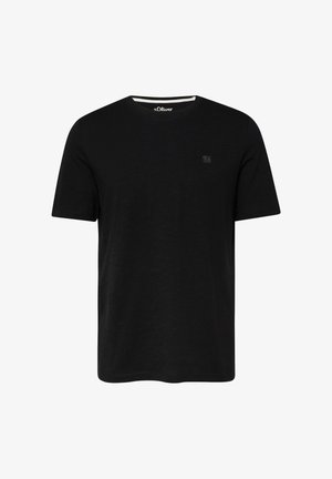 Czarny bawełniany t-shirt z krótkim rękawem, okrągłym dekoltem oraz subtelnym ciemnym logo na lewej piersi.