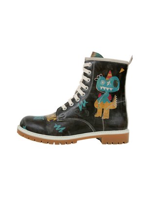 Black leather ankle boot with a patterned design, featuring a colorful cartoon dinosaur, white laces, and a textured rubber sole.
