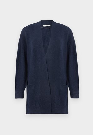 donkerblauwe lange gebreide cardigan met lange mouwen, open voorkant, geribbelde textuur en twee voorste opgestikte zakken.