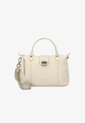 Crème lederen handtas met twee handvatten, een metalen sluiting aan de voorkant en een afneembare beige stoffen schouderriem met branding.