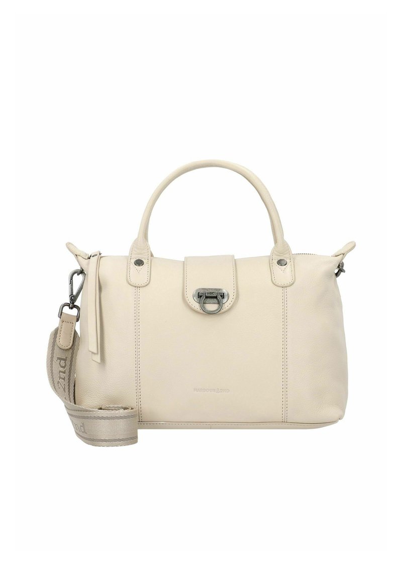 Borsa a mano in pelle crema con due manici, chiusura metallica frontale e tracolla in tessuto beige rimovibile con marchio.