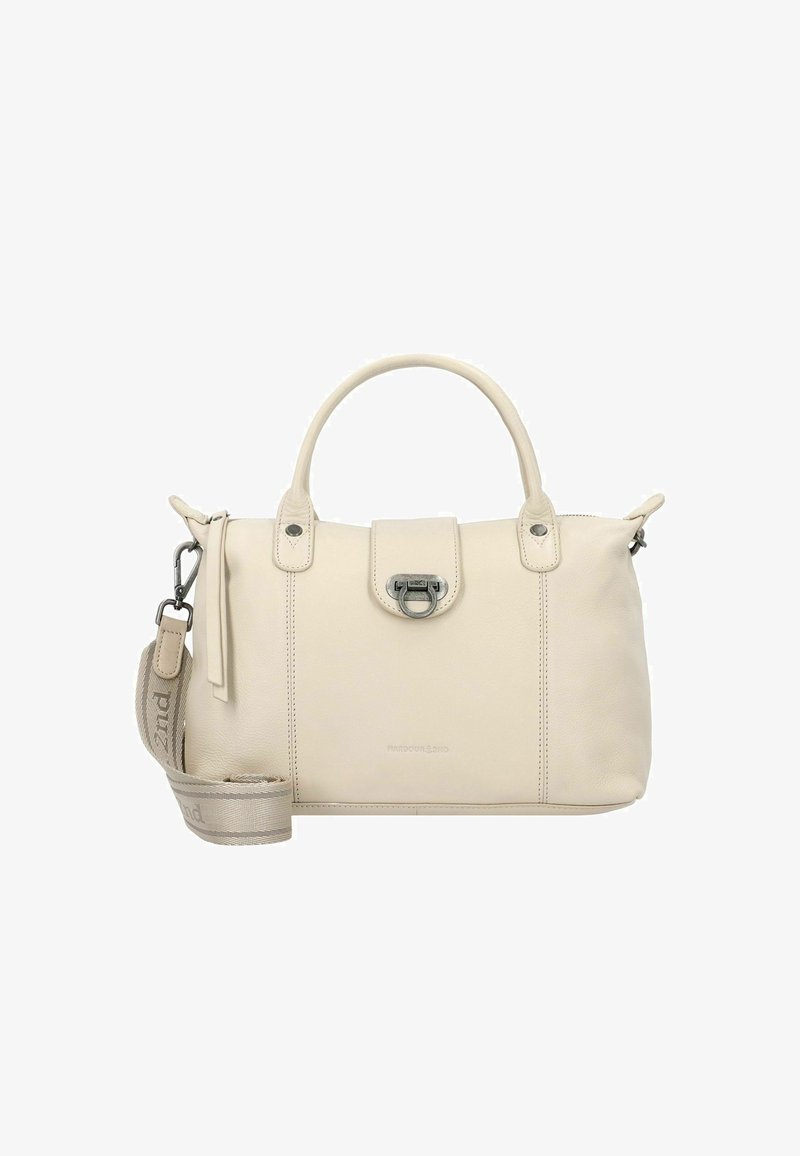 Borsa a mano in pelle crema con due manici, chiusura metallica frontale e tracolla in tessuto beige rimovibile con marchio.