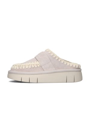 Light grey suede slip-on shoes with braided cream stitching around the opening and a thick beige rubber sole, featuring low profile and rounded shape.
