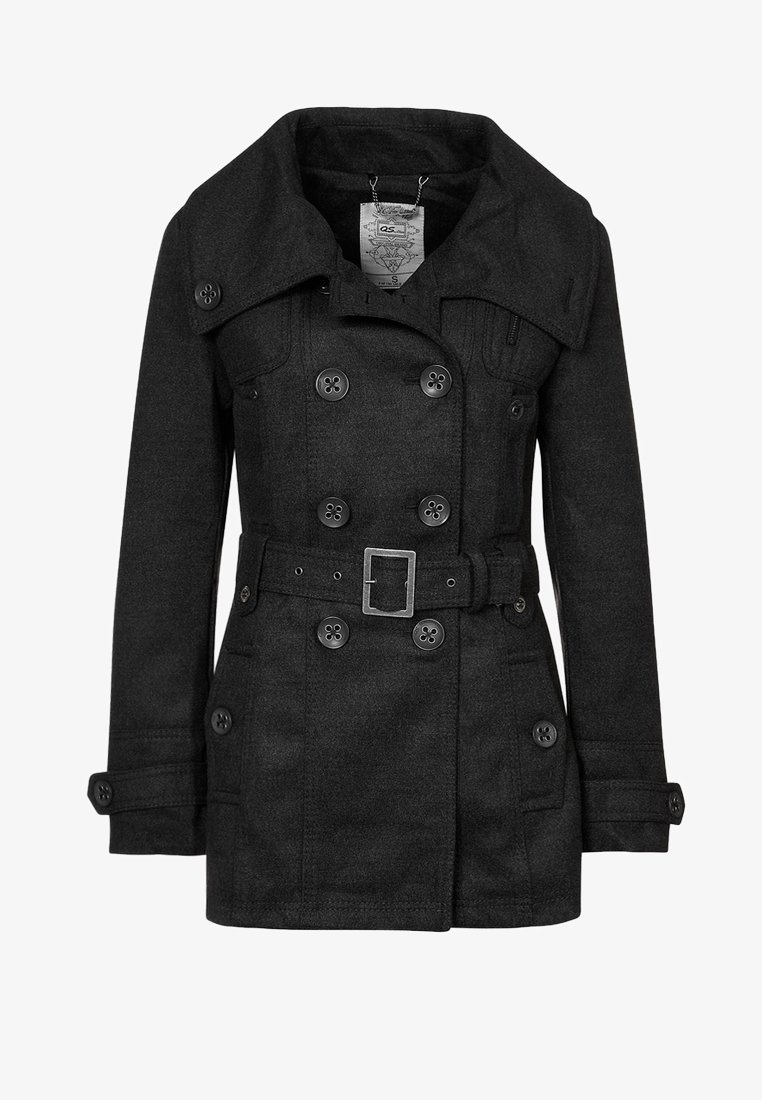 Schwarzer Wollmischung-Trenchcoat mit Doppelreiher-Buttons, breitem Kragen, tailliertem Gürtel und zwei vorderen Taschen. Glattes, strukturiertes Material.