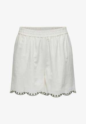 Vita shorts i lättviktigt tyg, med en scallopad nederkant med grön kantstickning och ett elastiskt midjeband.