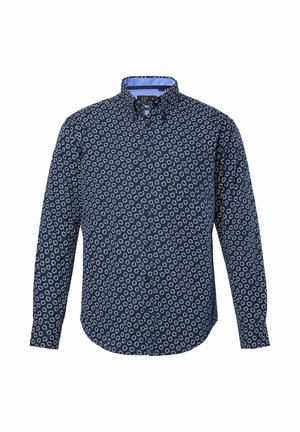 Granatowa koszula z białym geometrycznym wzorem, kołnierzem na guziki, długimi rękawami i gładką fakturą; posiada kontrastową podszewkę wewnętrznego kołnierza.