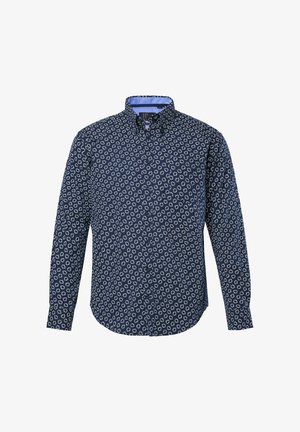 Granatowa koszula z białym geometrycznym wzorem, kołnierzem na guziki, długimi rękawami i gładką fakturą; posiada kontrastową podszewkę wewnętrznego kołnierza.