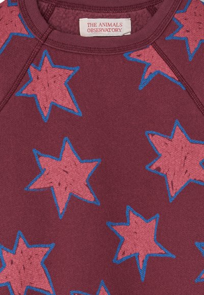 Sudadera burdeos con un escote redondo y contornos azules alrededor de estrellas rojas. Textura suave con un patrón de estrellas juguetones a lo largo.