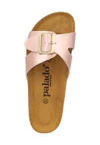 Infradito sintetica rosa con fibbia, caratterizzata da una soletta in tessuto marrone e dettagli ritagliati. Contrassegnata con "palado" e taglia 37.