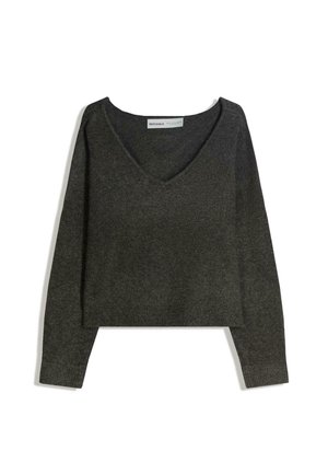 Pull gris foncé à manches longues avec un col en V profond et des poignets côtelés, posé à plat sur un fond blanc.