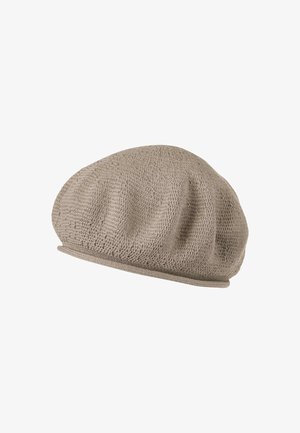 Beige knitted beret with textured surface, rounded shape, and subtle ribbing detail along the edge. Lightweight and breathable design.