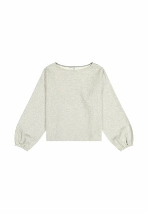 Lysegrå langærmet sweatshirt med rund halsudskæring og elastiske manchetter, lagt fladt på en hvid baggrund.