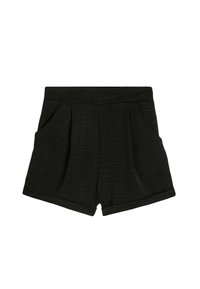 Shorts noirs en tissu texturé avec un design plissé à l'avant. Dotés de deux poches latérales et d'un ourlet roulé au bas.