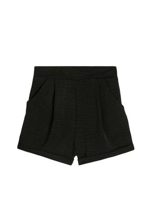 Schwarze Shorts aus strukturiertem Stoff mit einem gefalteten Vorderdesign. Verfügt über zwei Seitentaschen und einen umgeschlagenen Saum unten.