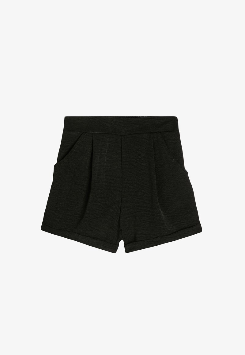 Schwarze Shorts aus strukturiertem Stoff mit einem gefalteten Vorderdesign. Verfügt über zwei Seitentaschen und einen umgeschlagenen Saum unten.